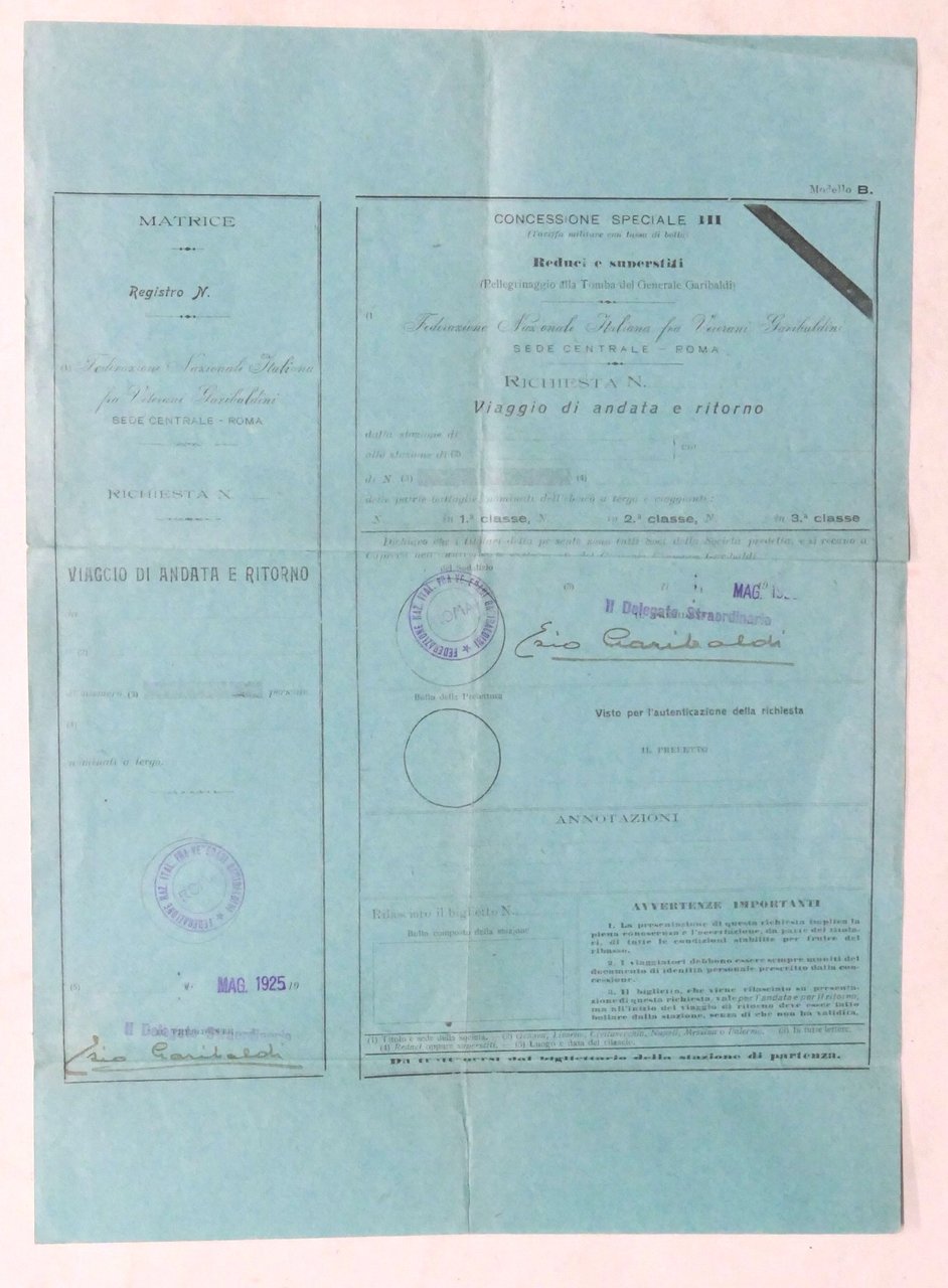 Autografo di Ezio Garibaldi su modulo richiesta viaggio in treno … | Immagine principale