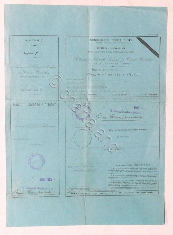 Autografo di Ezio Garibaldi su modulo richiesta viaggio in treno … | Immagine Gallery 3