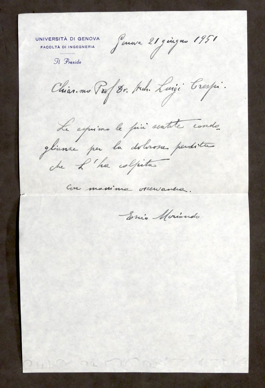 Autografo di Ezio Moriondo Preside Università di Genova Facoltà Ingegneria …