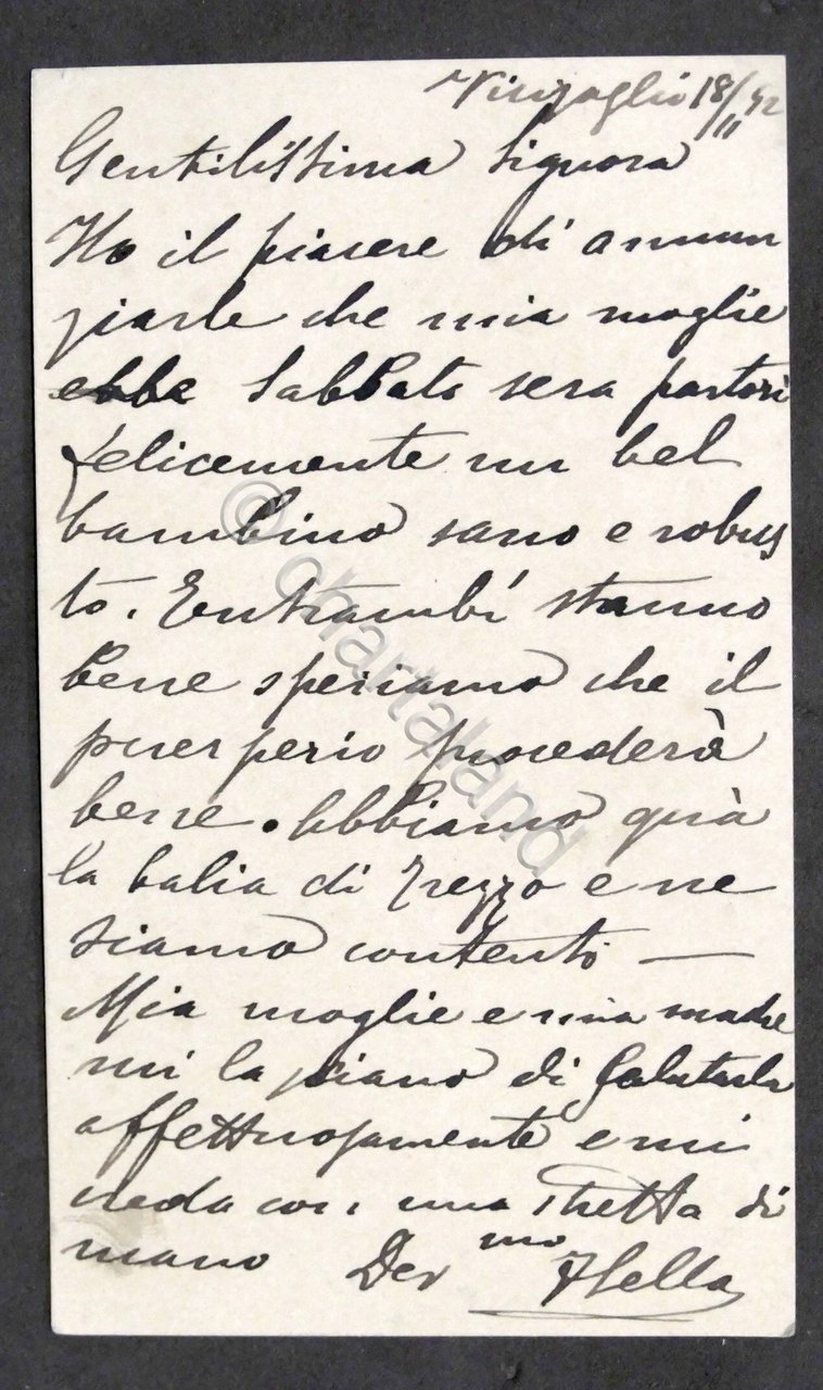 Autografo di Federico Sella su biglietto da visita - 1892