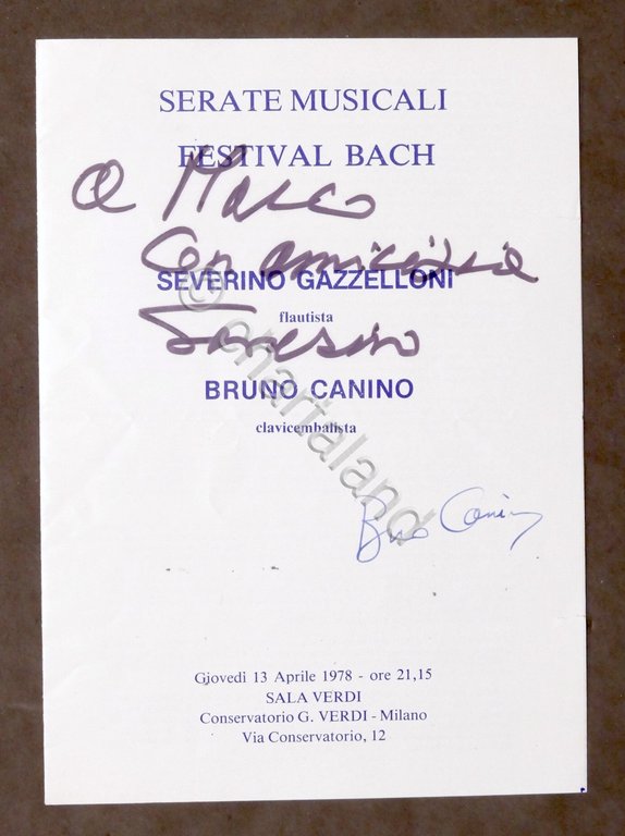 Autografo flautista Severino Gazzelloni e clavicembalista Bruno Canino - 1978