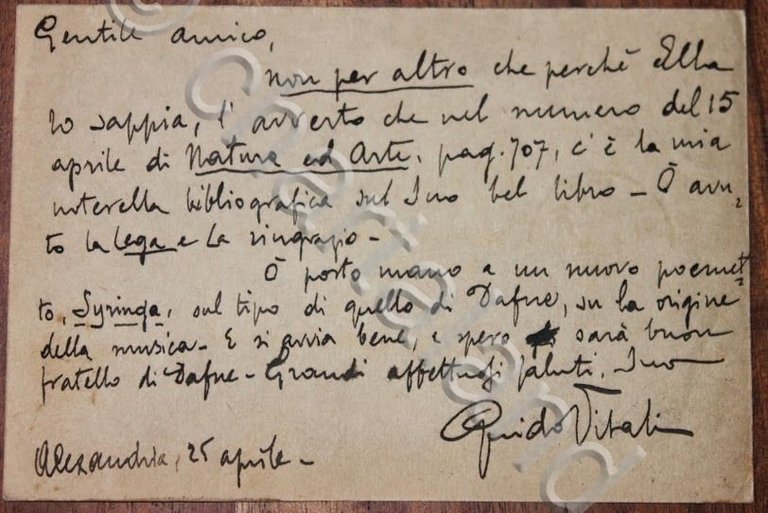Autografo Guido Vitali direttore Liceo Parini Milano 1907 letterato