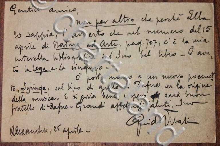 Autografo Guido Vitali direttore Liceo Parini Milano 1907 letterato
