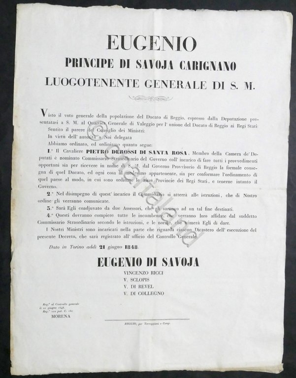 Avviso nomina Commissario dopo unione Ducato di Reggio con Regi Stati - 1848 