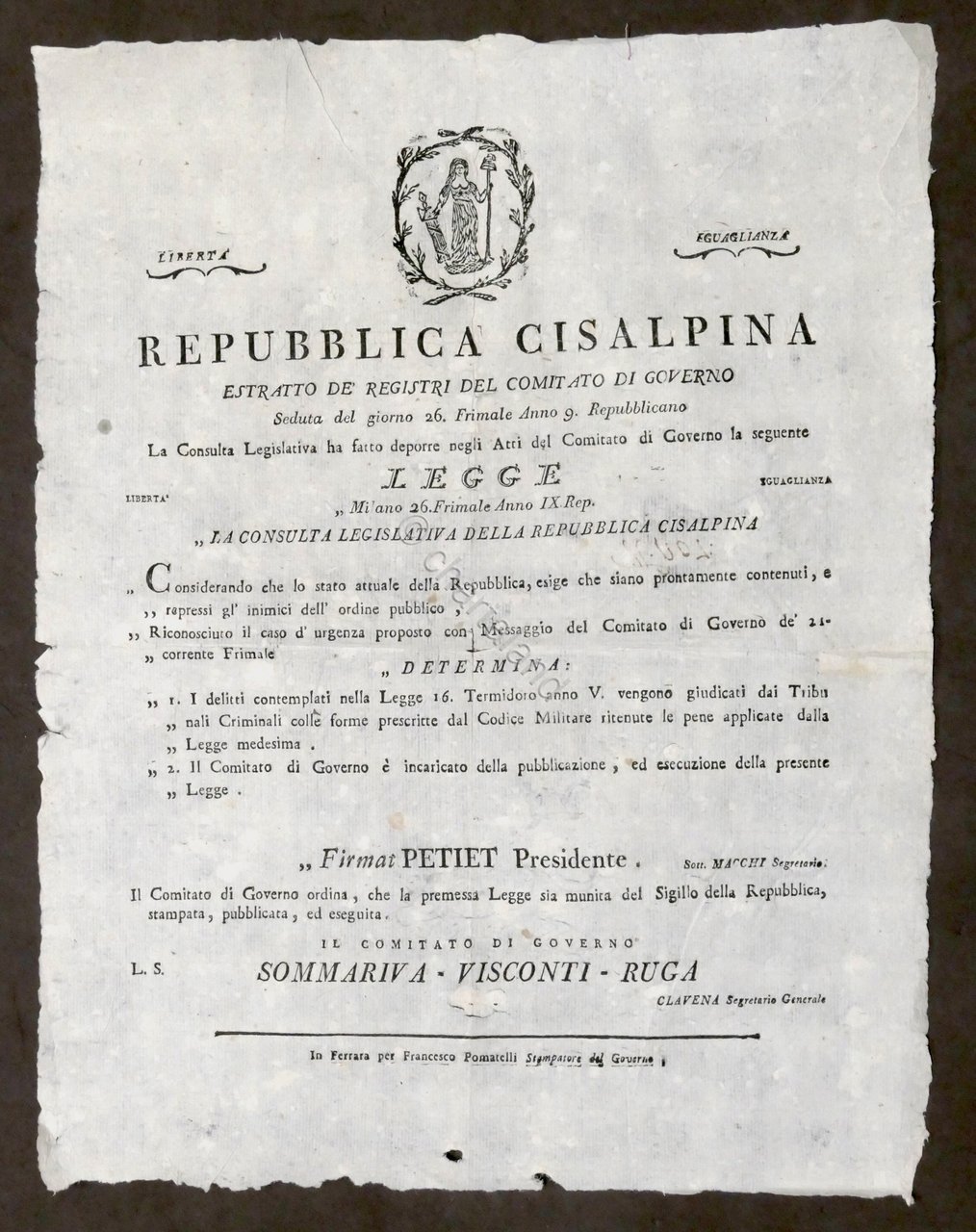 Avviso Repubblica Cisalpina Legge delitti giudicati da Tribunali Criminali 1806