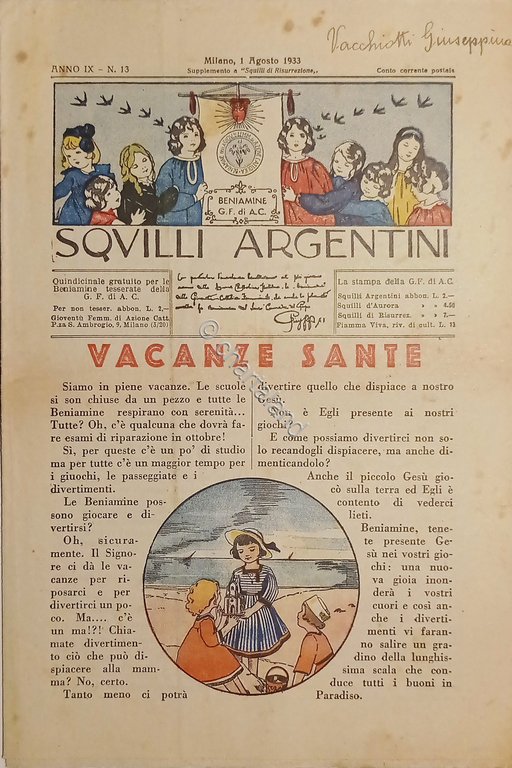 Azione Cattolica Milano - Squilli Argentini N. 13 - 1933 …
