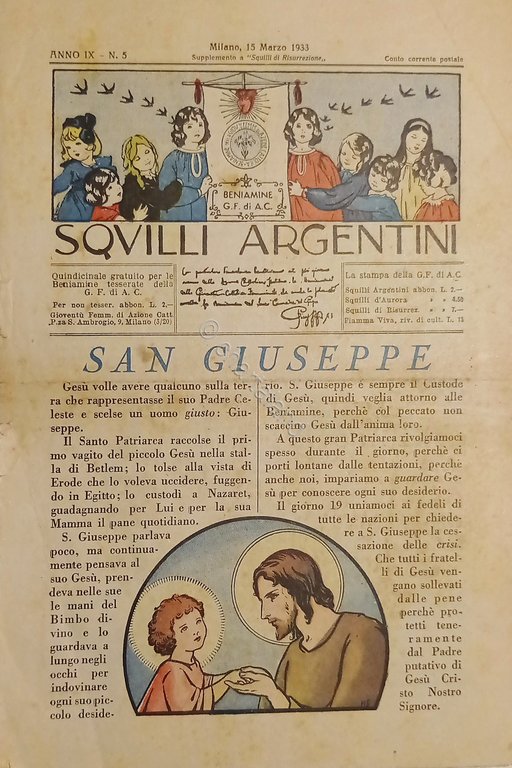 Azione Cattolica Milano - Squilli Argentini N. 5 - 1933 San Giuseppe