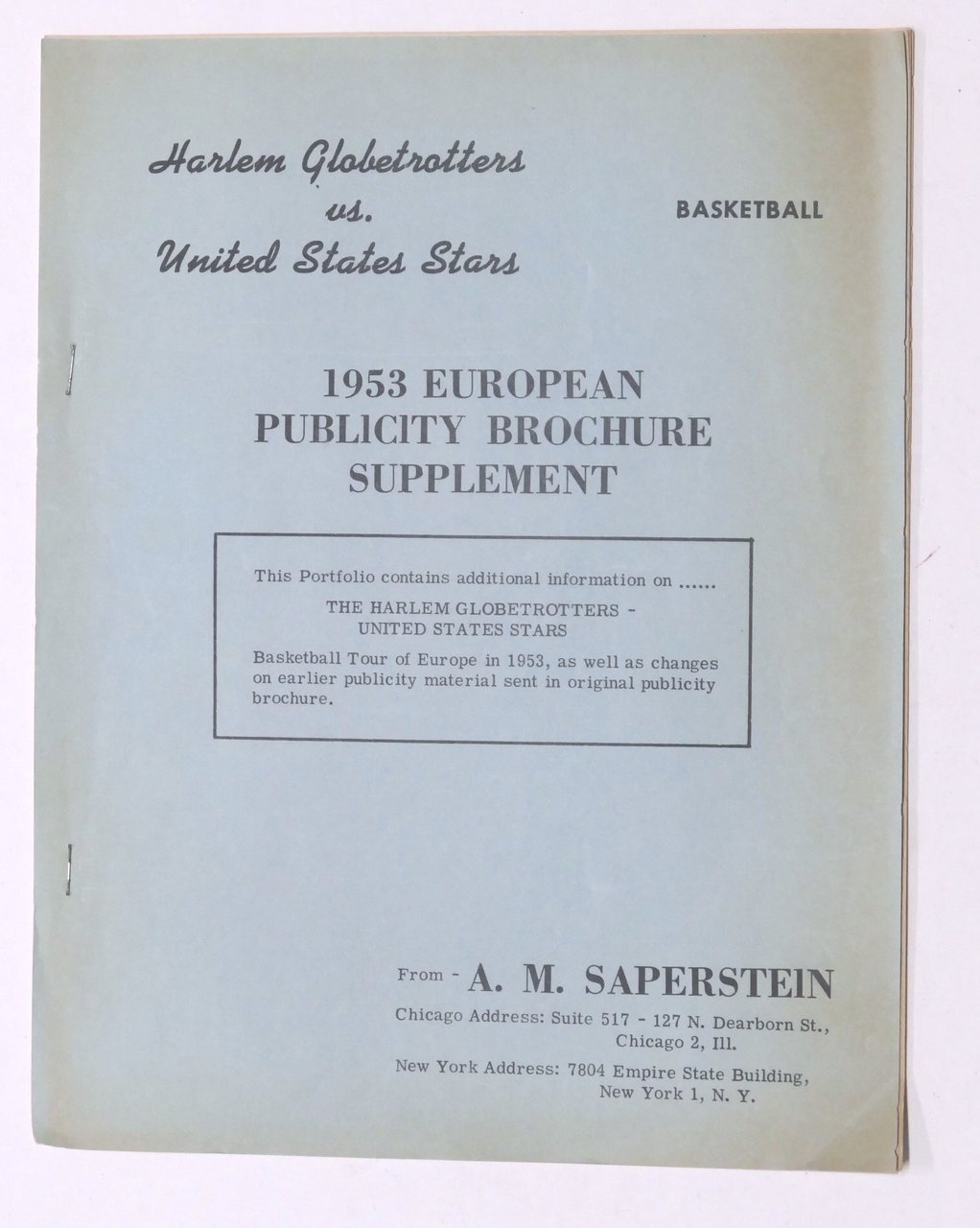 Basket Harlem Globetrotters - 1953 European Publicity Brochure Supplement