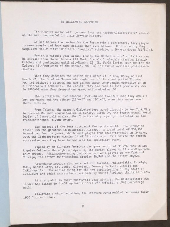 Basket Harlem Globetrotters - 1953 European Publicity Brochure Supplement
