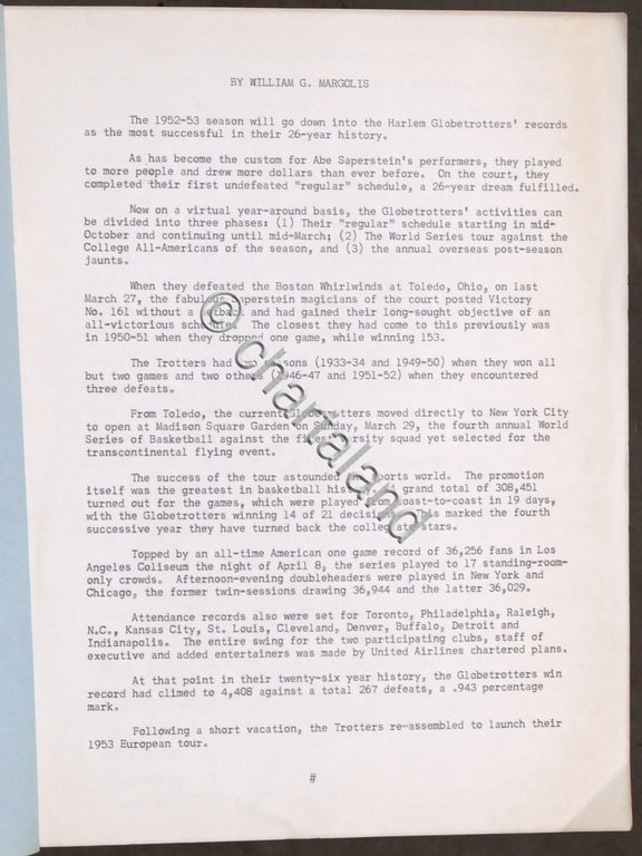 Basket Harlem Globetrotters - 1953 European Publicity Brochure Supplement