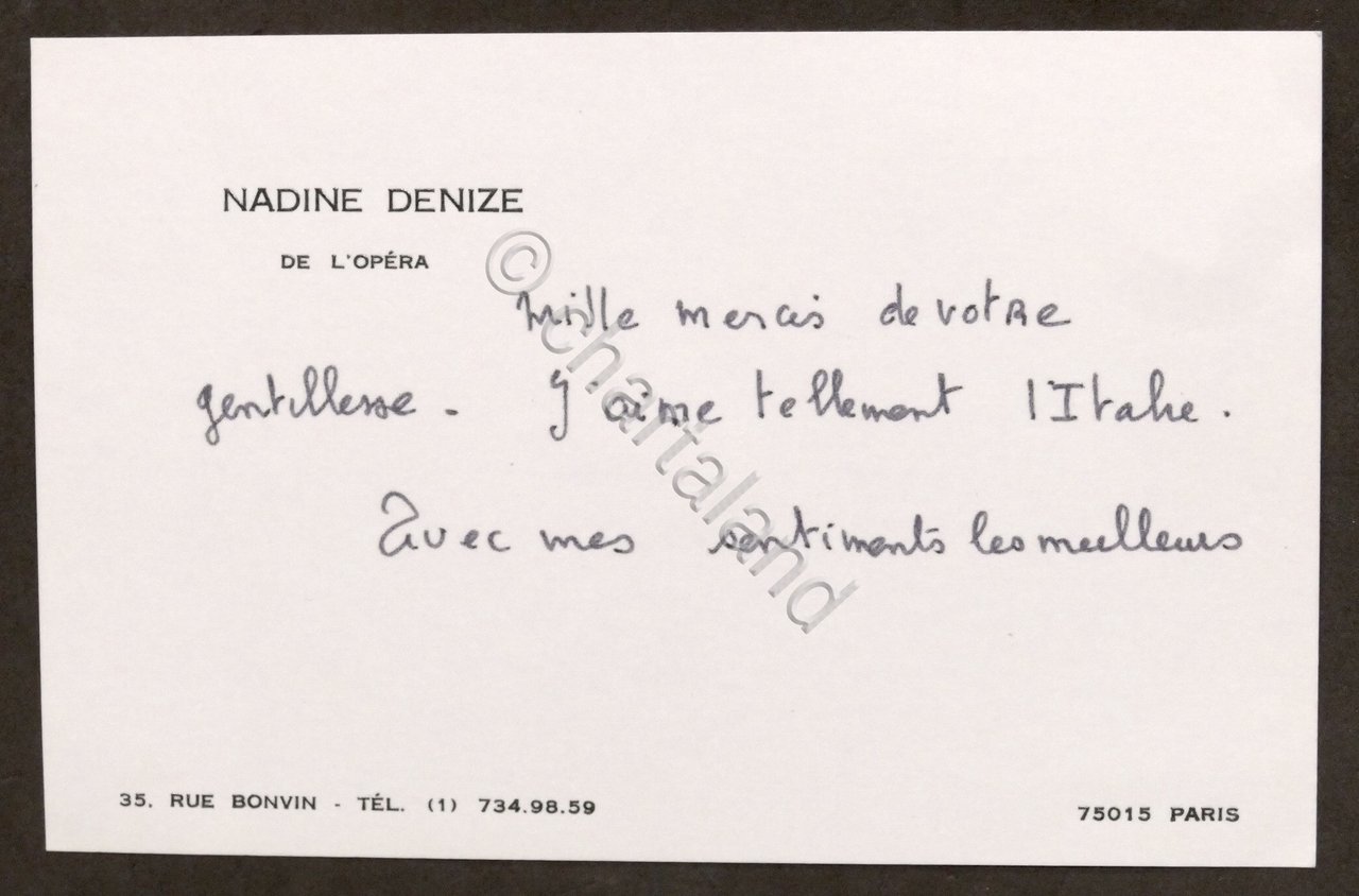 Biglietto autografo della cantante mezzo soprano Nadine Denize - anni …