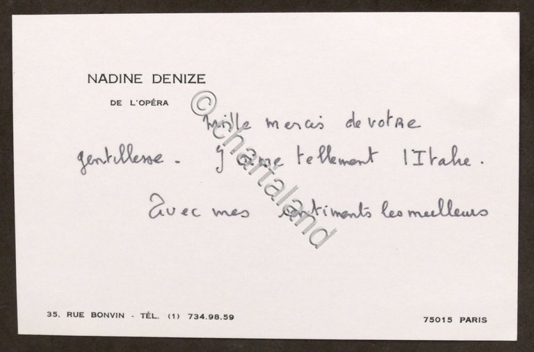 Biglietto autografo della cantante mezzo soprano Nadine Denize - anni …