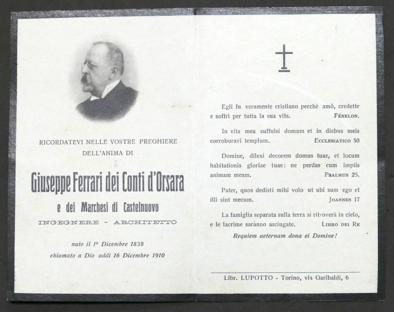 Biglietto Commemorativo - Ingegnere Giuseppe Ferrari dei Conti d'Orsara - …