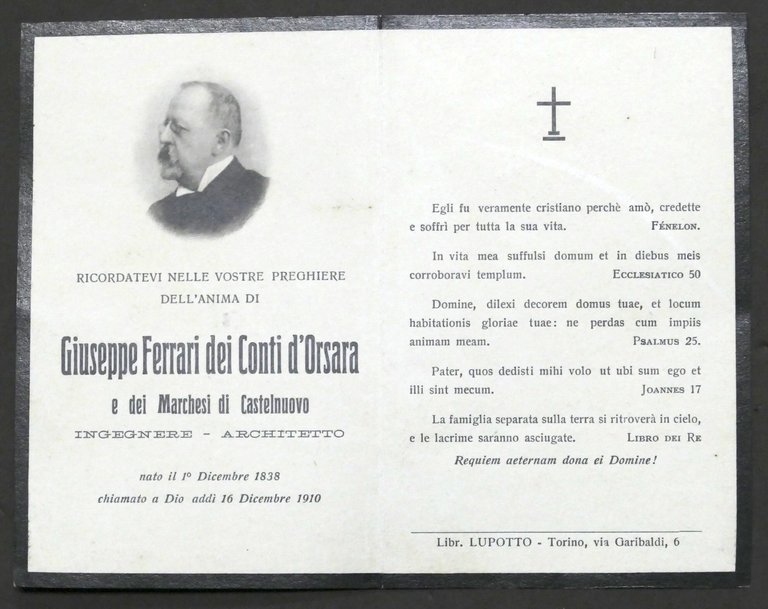 Biglietto Commemorativo - Ingegnere Giuseppe Ferrari dei Conti d'Orsara - 1910