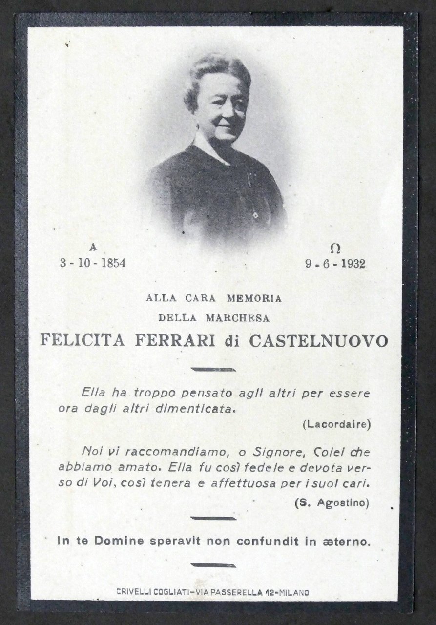 Biglietto Commemorativo - Marchesa Felicita Ferrari di Castelnuovo - 1932