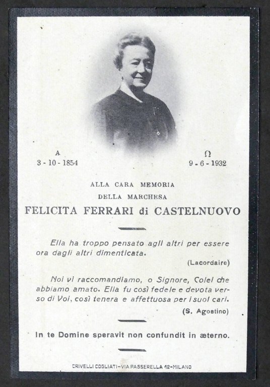 Biglietto Commemorativo - Marchesa Felicita Ferrari di Castelnuovo - 1932