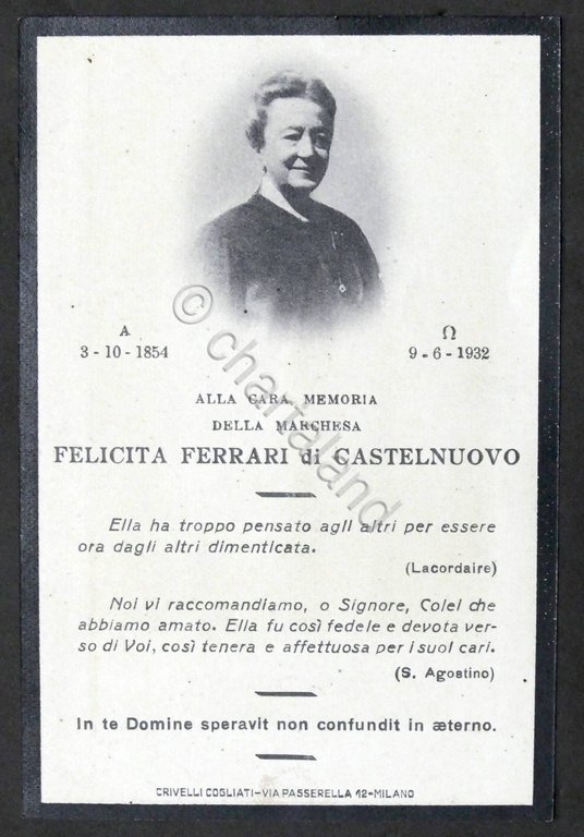 Biglietto Commemorativo - Marchesa Felicita Ferrari di Castelnuovo - 1932