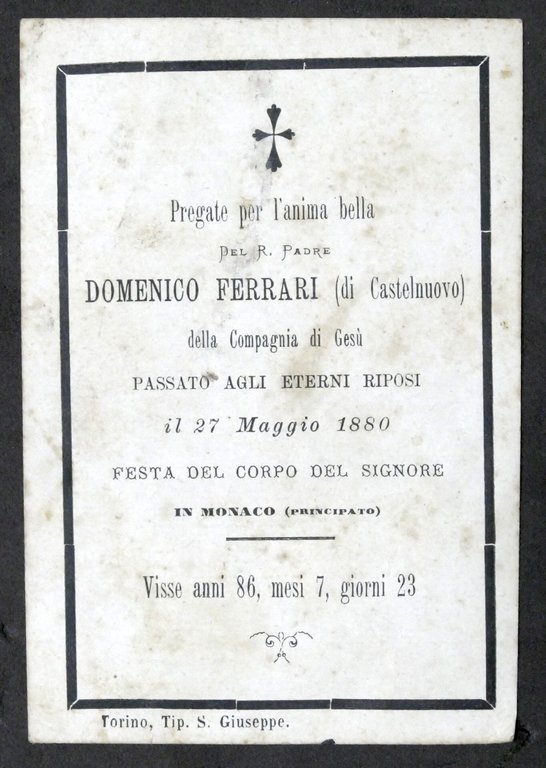 Biglietto Commemorativo - Padre Domenico Ferrari della Compagnia di Gesù - 1880