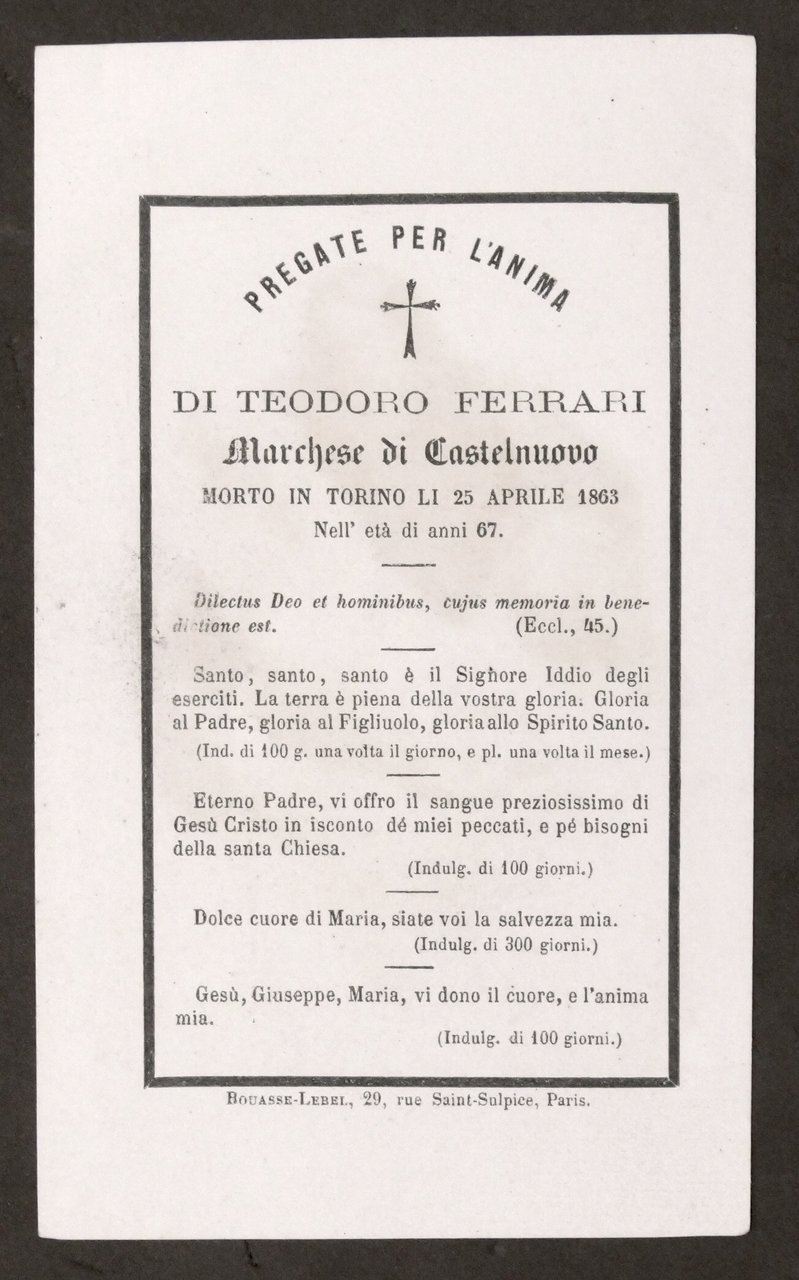 Biglietto Commemorativo - Teodoro Ferrari marchese di Castelnuovo - 1863