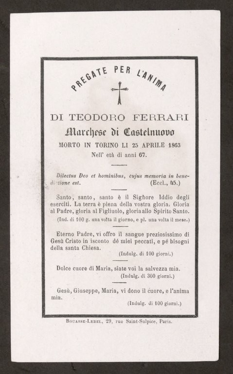 Biglietto Commemorativo - Teodoro Ferrari marchese di Castelnuovo - 1863