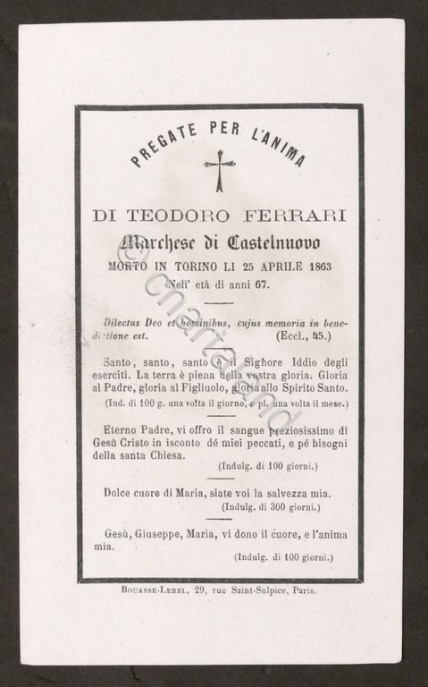 Biglietto Commemorativo - Teodoro Ferrari marchese di Castelnuovo - 1863