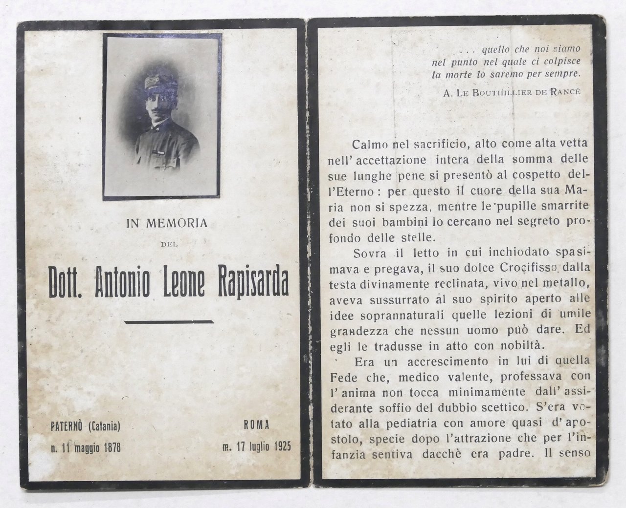 Biglietto Commemorativo in memoria del Dott. Antonio Leone Rapisarda - …