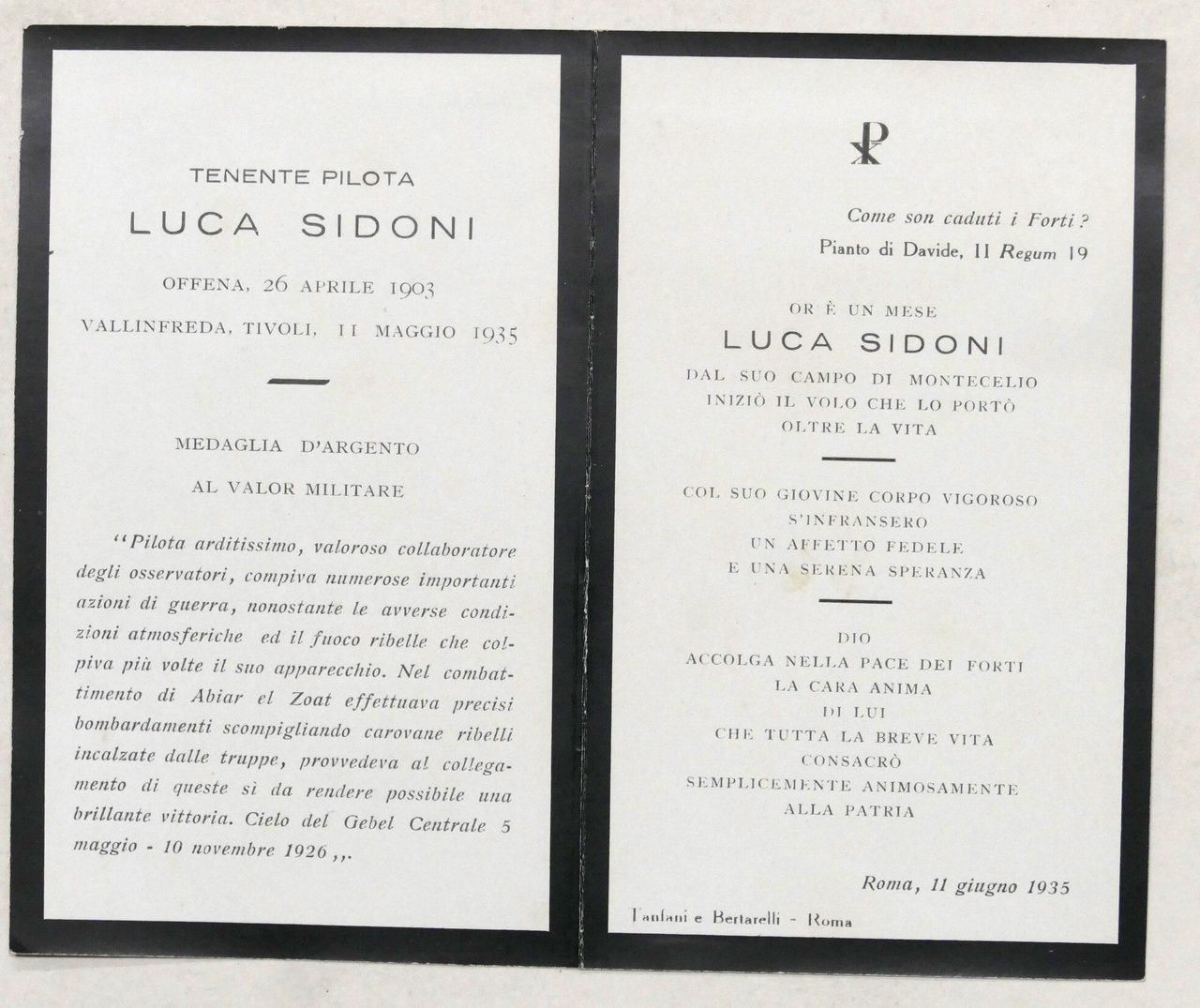 Biglietto Commemorativo tenente pilota Luca Sidoni medaglia d'argento V.M. 1935 | Immagine principale