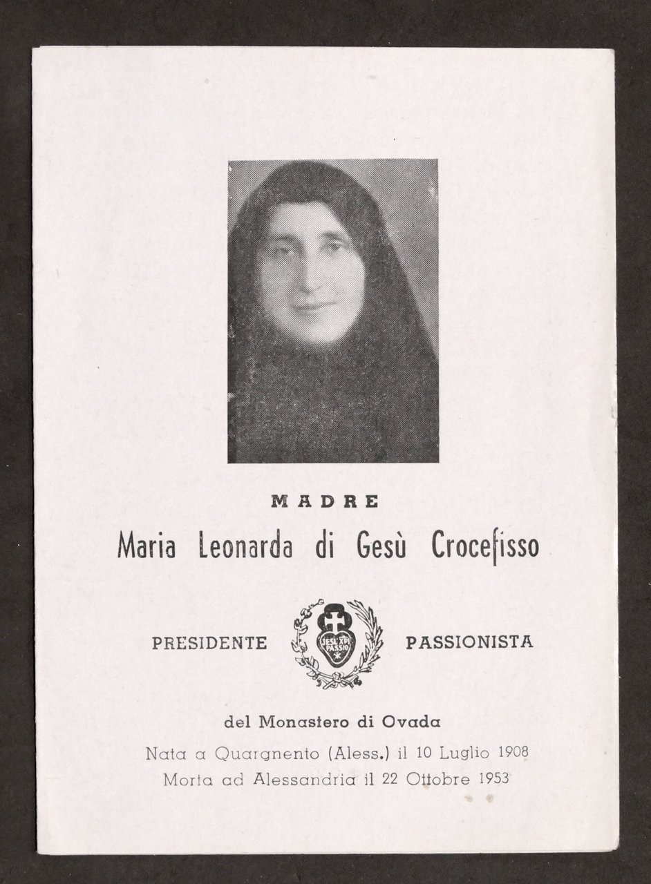 Biglietto Commemorativo Venerabile Madre Maria Leonarda di Gesù Crocefisso 1953