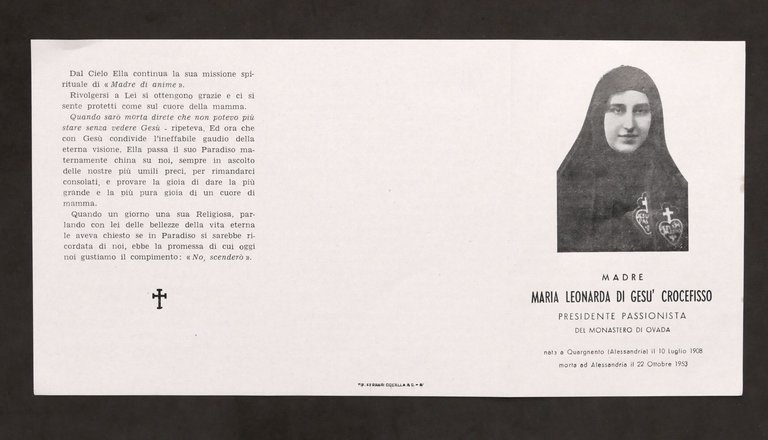 Biglietto Commemorativo Venerabile Madre Maria Leonarda Passionista 1953