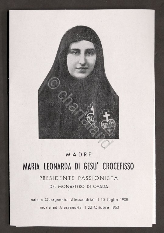 Biglietto Commemorativo Venerabile Madre Maria Leonarda Passionista 1953