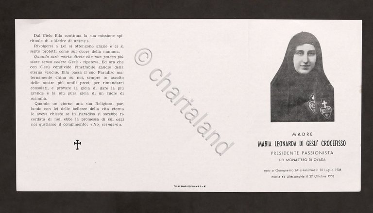 Biglietto Commemorativo Venerabile Madre Maria Leonarda Passionista 1953