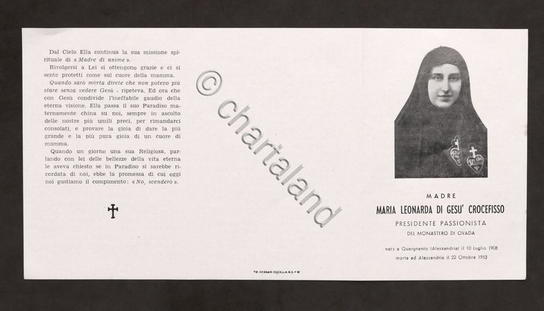 Biglietto Commemorativo Venerabile Madre Maria Leonarda Passionista 1953