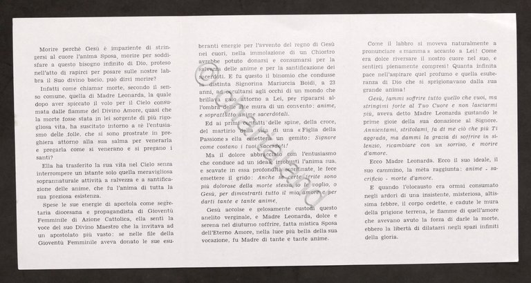 Biglietto Commemorativo Venerabile Madre Maria Leonarda Passionista 1953