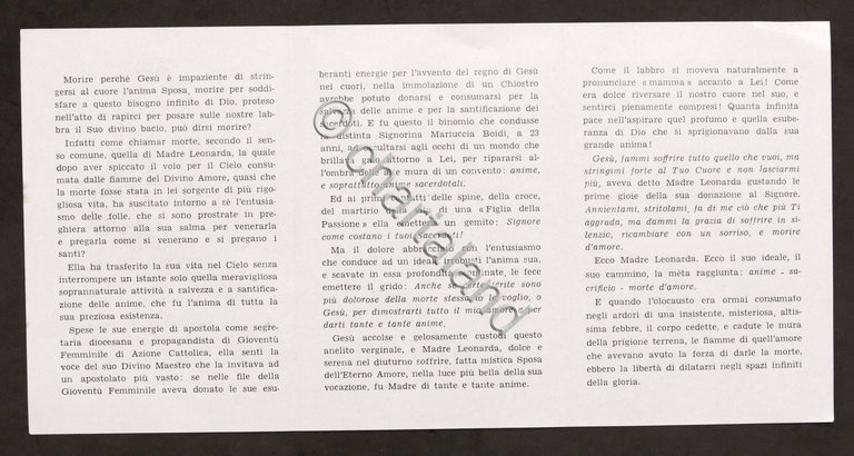 Biglietto Commemorativo Venerabile Madre Maria Leonarda Passionista 1953
