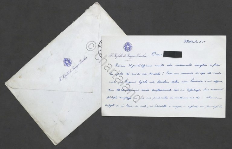 Biglietto con autografo del Prefetto di Reggio Emilia Ottavio Gabetti - 1941