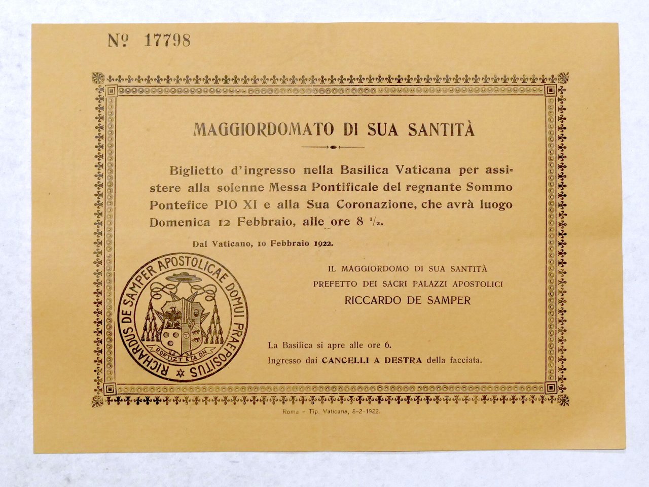 Biglietto ingresso Basilica Vaticana per Messa e Coronazione Pio XI …