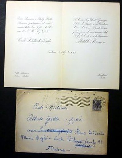 Biglietto Invito Nozze - Carlo Petitti di Roreto e Matilde Piacenza - 1953