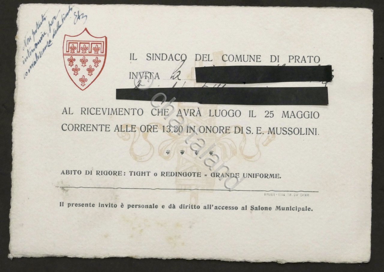 Biglietto invito ricevimento in onore di Mussolini - Comune di …