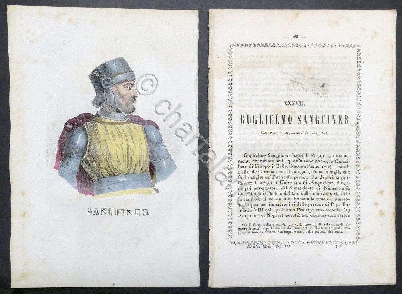 Biografia e stampa di Guglielmo Sanguiner - 1848
