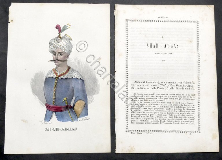 Biografia e stampa di Shah Abbas Bahadur Klan Re di Persia - 1842