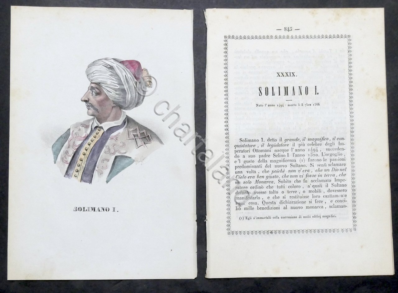 Biografia e stampa di Solimano I Imperatote Ottomano - 1843