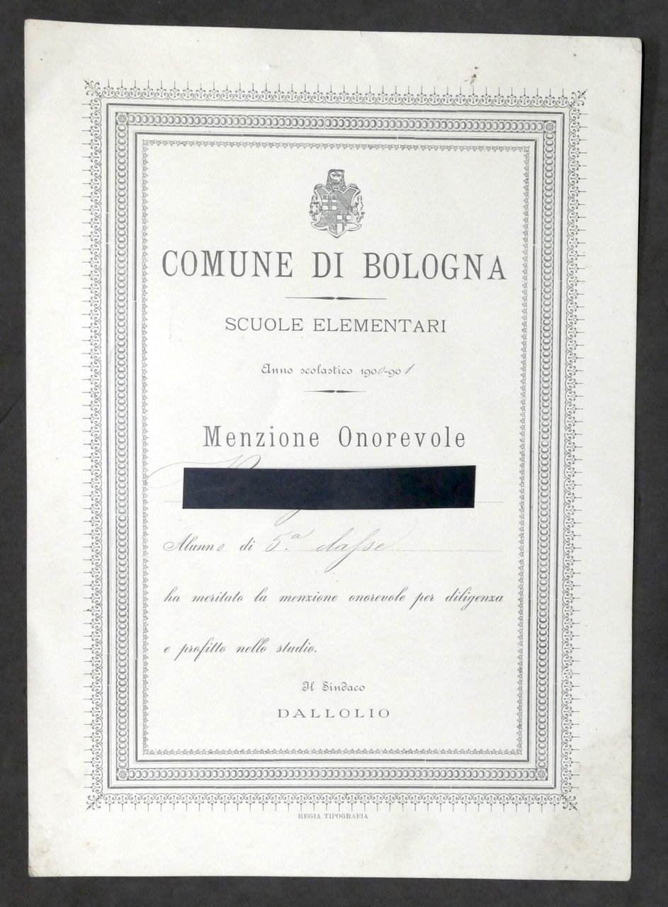 Bologna - Scuole Elementari - Diploma di Menzione Onorevole - …