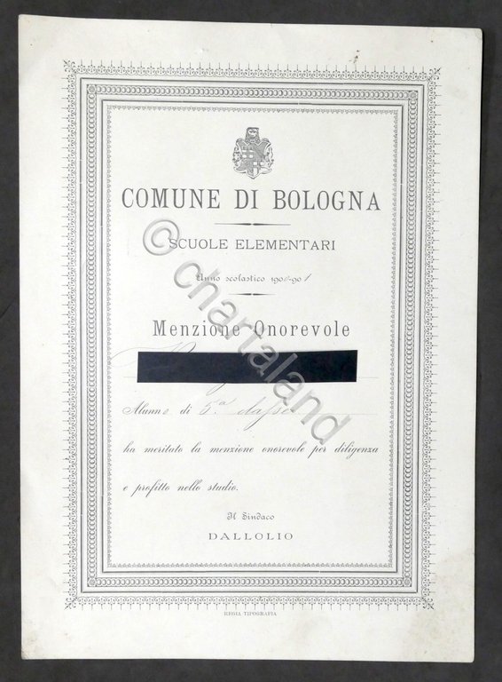 Bologna - Scuole Elementari - Diploma di Menzione Onorevole - …