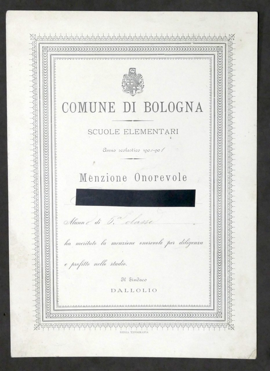 Bologna Scuole Elementari - Diploma di Menzione Onorevole - Anno …