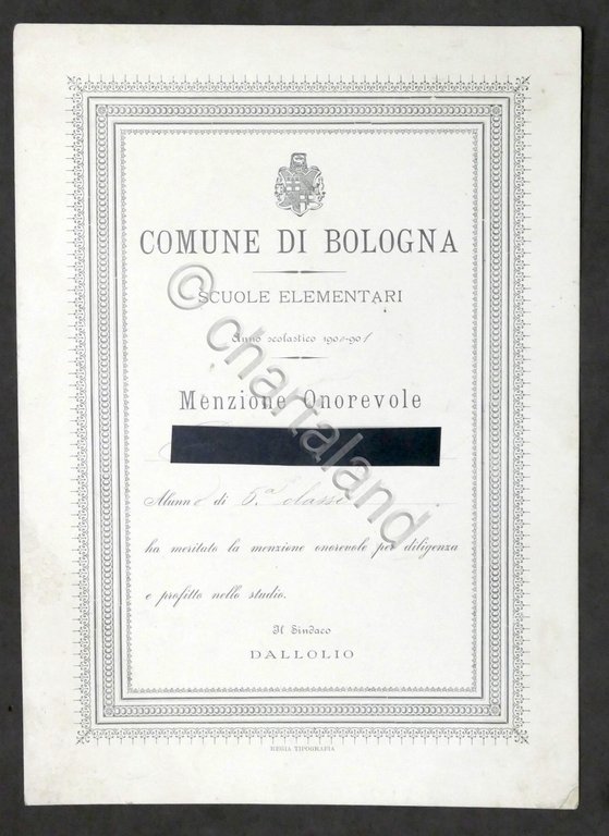 Bologna Scuole Elementari - Diploma di Menzione Onorevole - Anno …