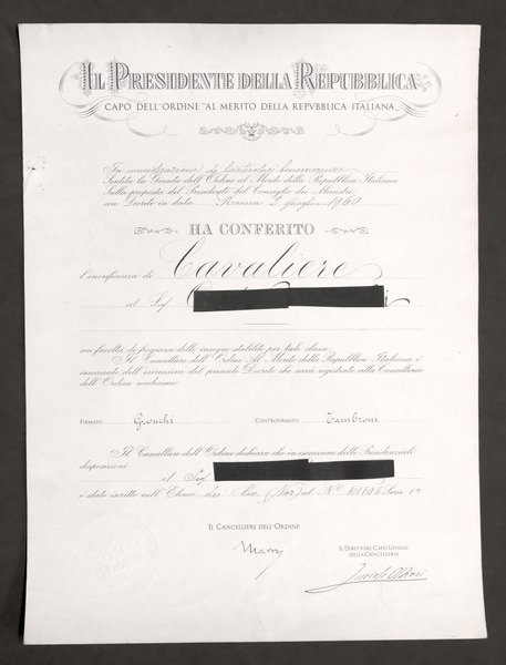 Attestato Onorificenza Cavaliere Ordine al Merito della Repupplica Italiana 1960 | Immagine Gallery 1