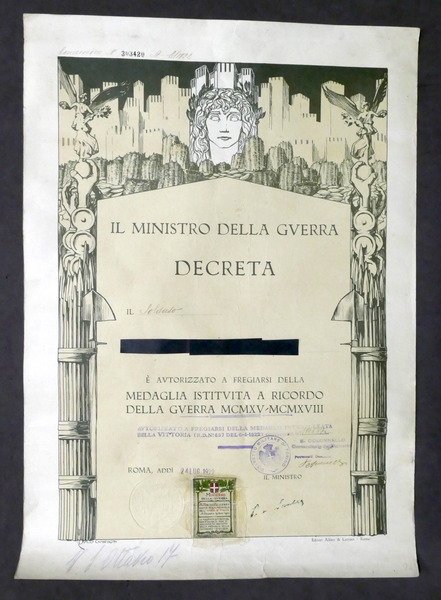 WWI Decreto concessione medaglia ricordo della guerra 1915-1918 - Luglio … | Immagine Gallery 1