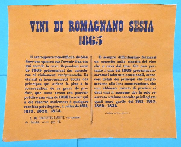 Manifesto pubblicitario - Vini di Romagnano Sesia - 1865