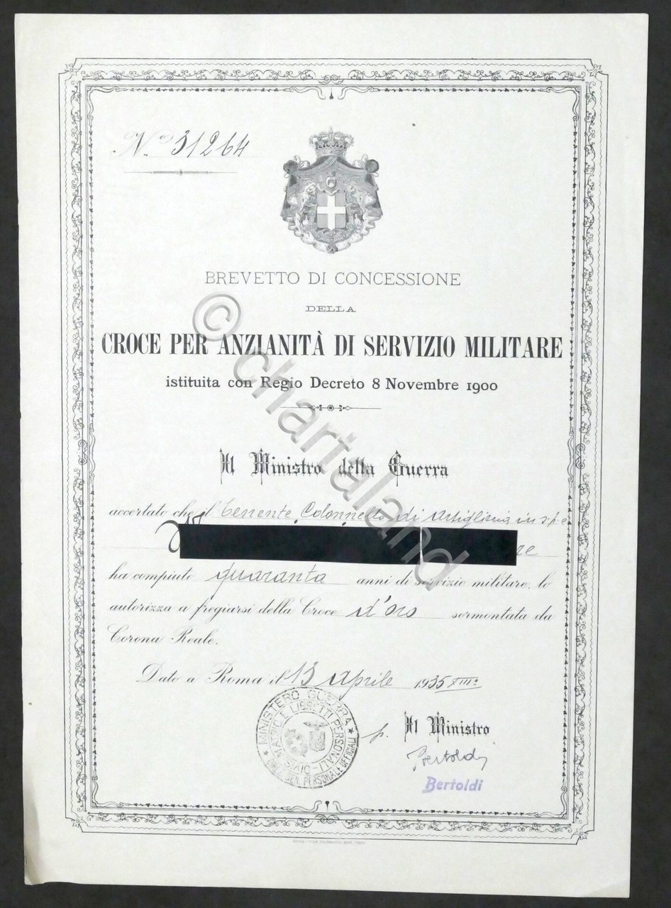 Brevetto di Concessione della Croce per Anzianità di Servizio Militare …