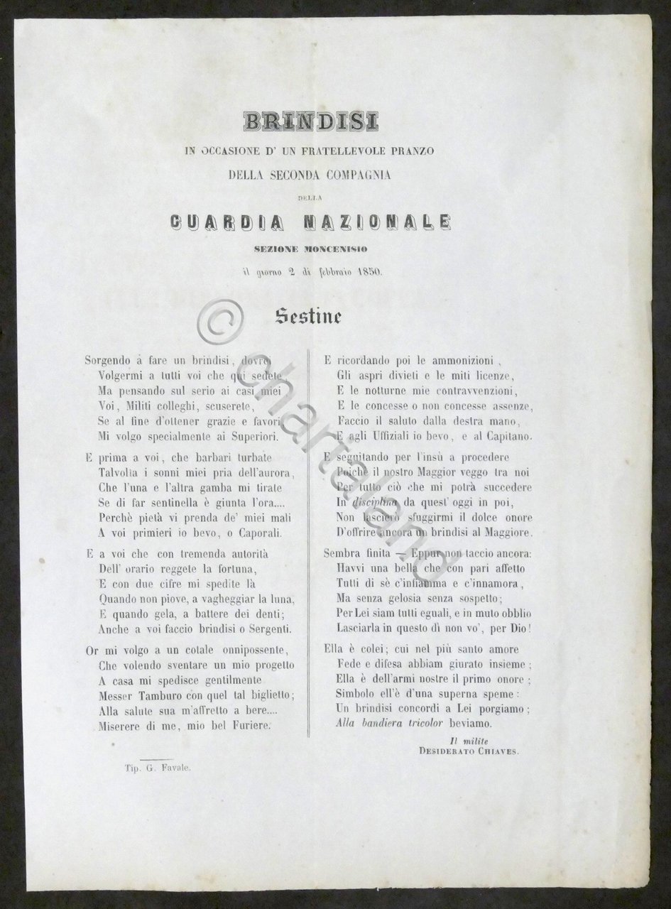 Brindisi Seconda Compagnia Guardia Nazionale Sezione Moncenisio - Sonetto 1850